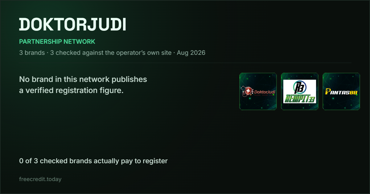 DOKTORJUDI partnership casinos — verified free credit registration figures checked on operator promo boards, August 2026